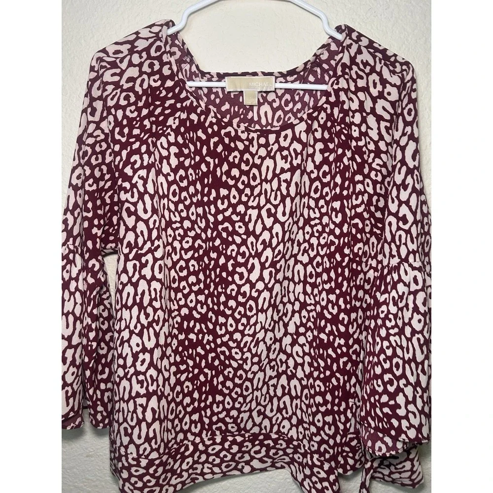 Michael Kors Maroon Animal Pring Long Bell Sleeve Women's Top Large Sheer Dinner